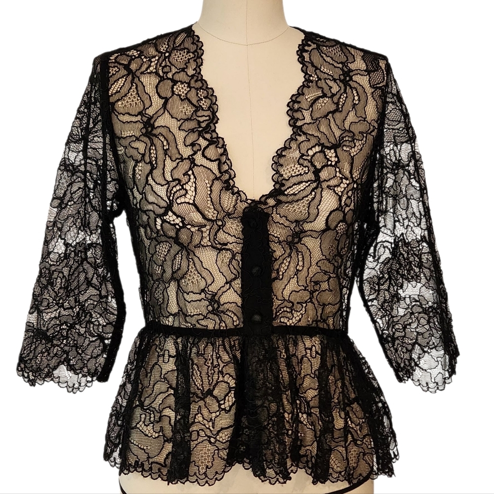GANNI Light Floral Lace V-neck Sheer Peplum Top Black Blouse Ruffle 36 (US 4 S) - Picture 1 of 16
